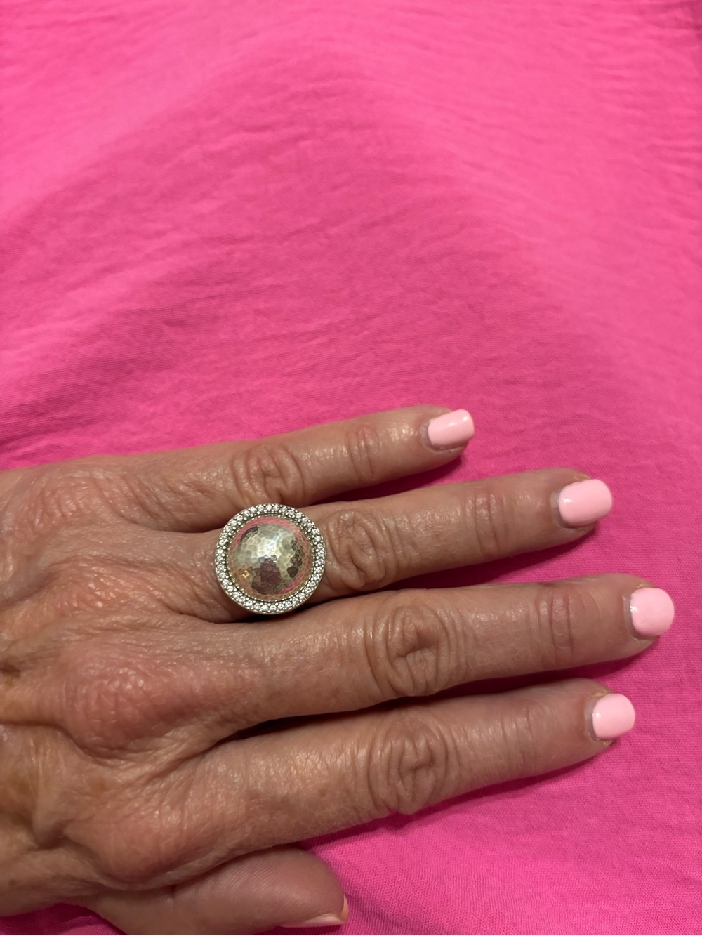 BRIGHTONS- Meridian Silver and crystal  Hammered ring. Size 7 great condition.